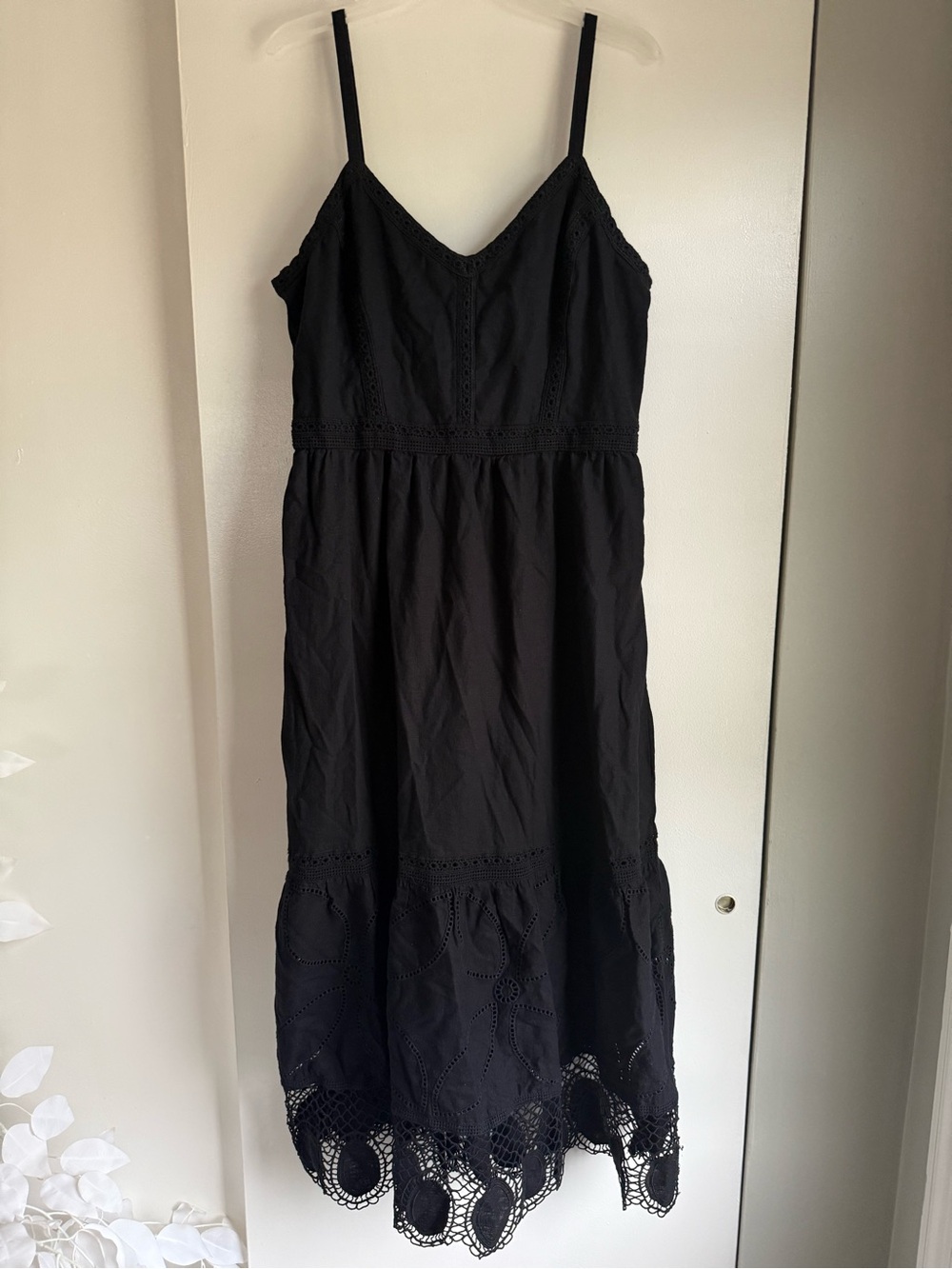 LOFT Black Eyelet-Trim Spaghetti Strap Midi Dress